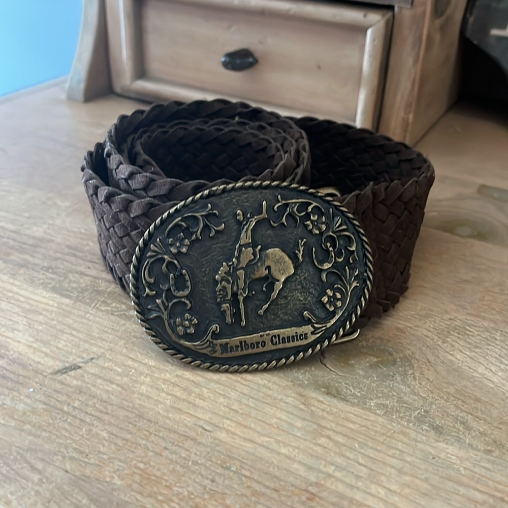 Vintage Marlboro Brass Belt & Buckle Rodeo Bronco Rider Western 1980’s Rare